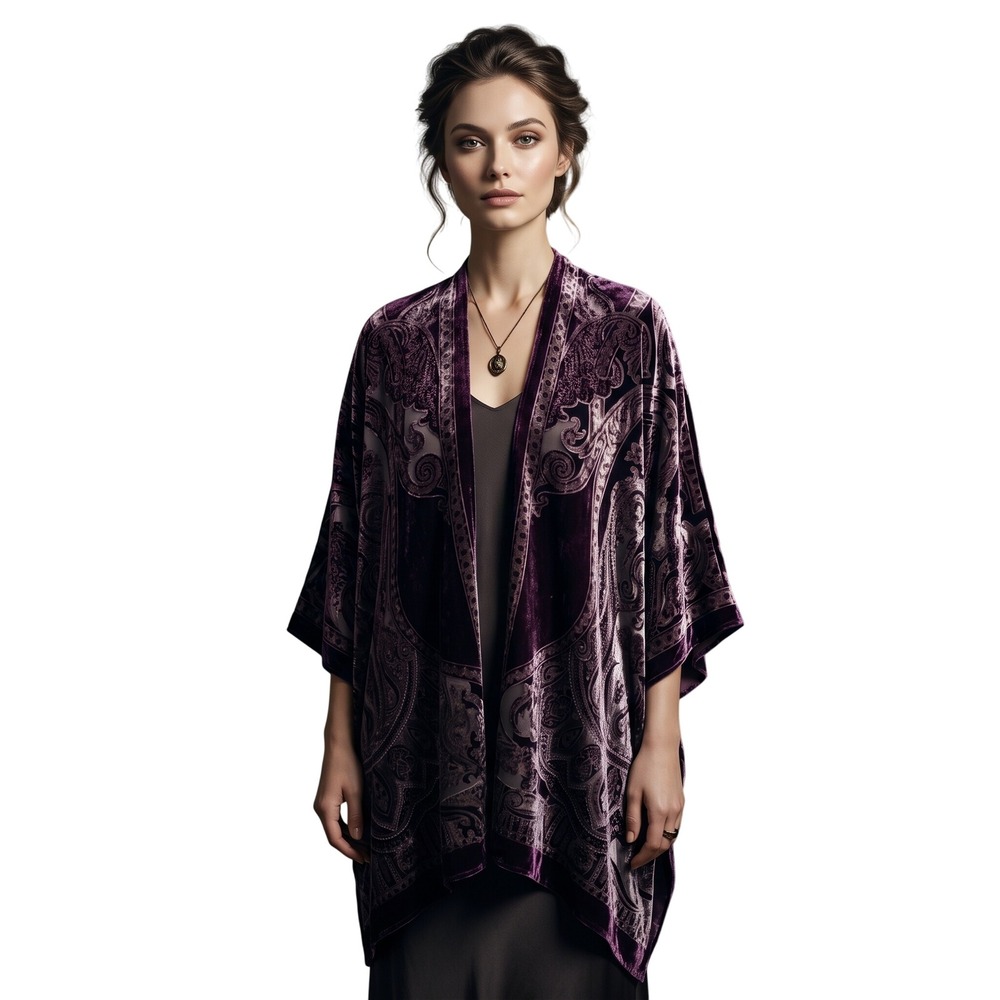 CHICO'S Travelers Velvet Burnout Kimono Dark Purple L/XL Paisley Duster $149